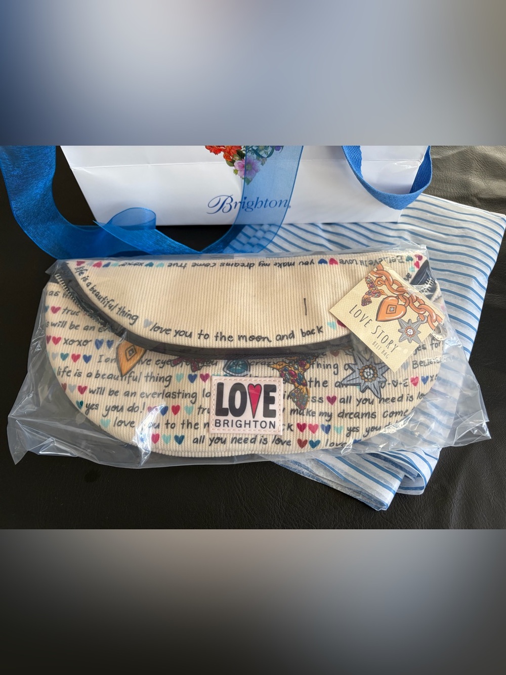 Brighton Cream Canvas Crossbody with Multicolor Heart Print & LOVE Patch